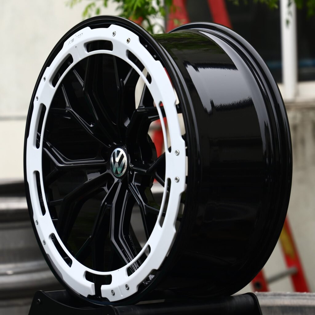 5x112 wheels – Gloss Black Mesh White Ring Lip (Volkswagen OEM-Style), side view