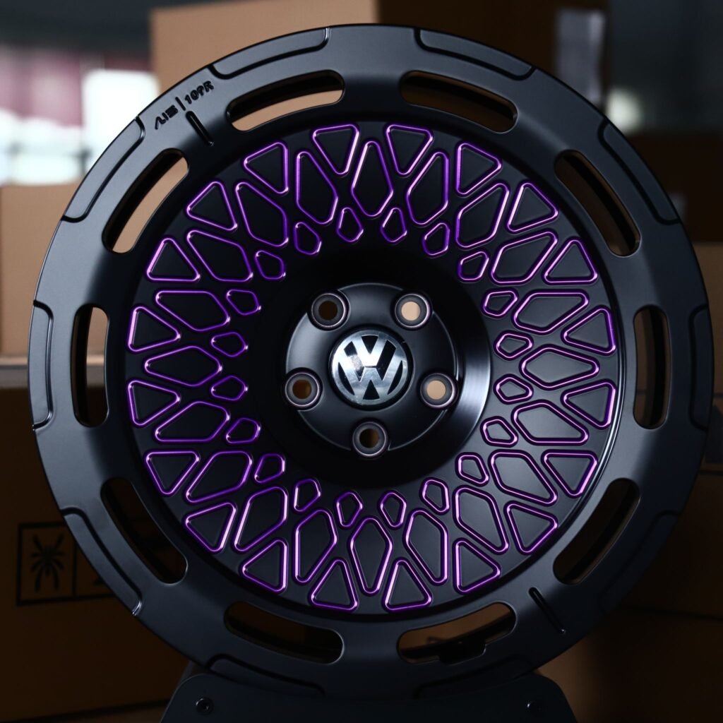 Volkswagen Golf wheels – Matte Black / Purple Lattice Mesh (Volkswagen OEM-Style), front view