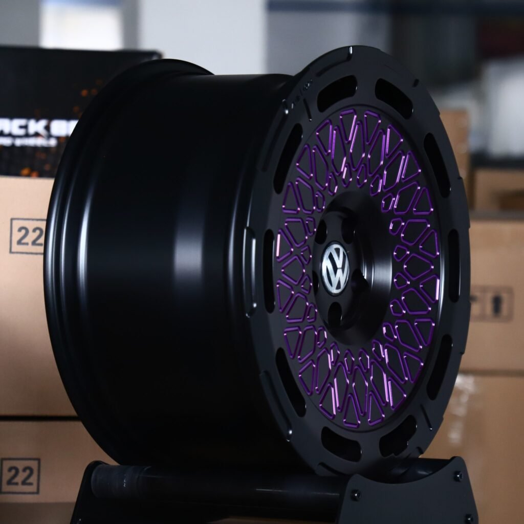 5x112 wheels – Matte Black / Purple Lattice Mesh (Volkswagen OEM-Style), side view