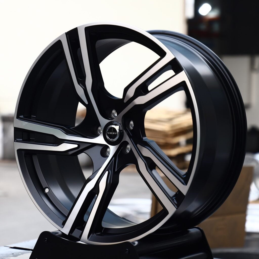 Volvo XC90 wheels – Gloss Black Machined Twin 5-Spoke (Volvo OEM-Style), angled view