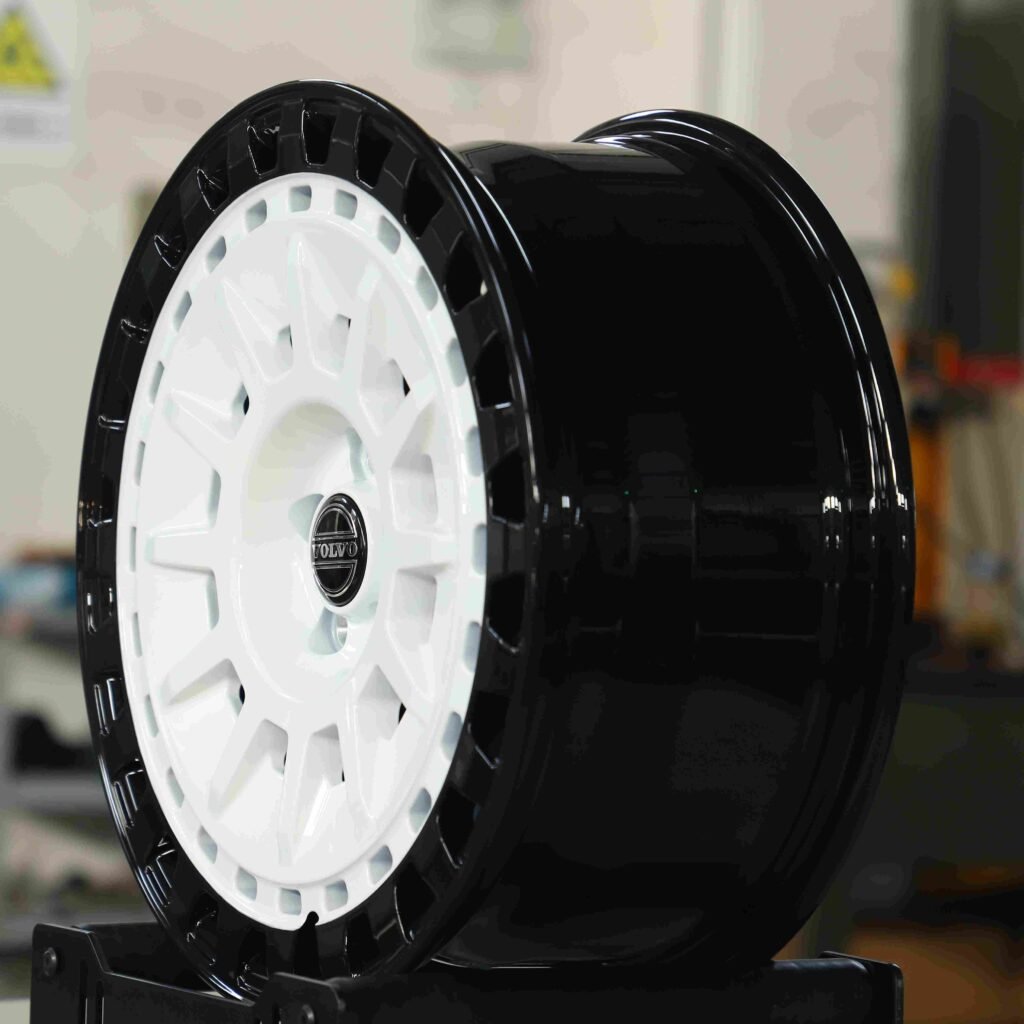 5x108 wheels – Gloss White / Gloss Black Multi-Spoke Riveted, side view