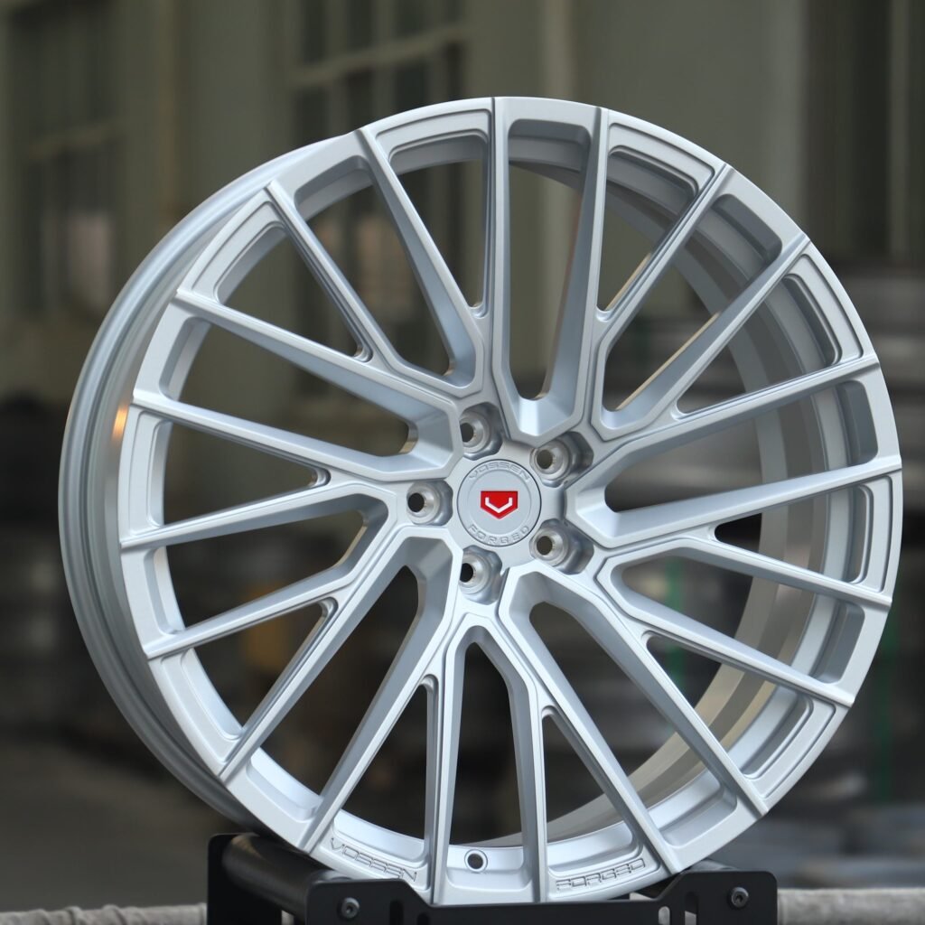 Ford Mustang wheels – Vossen Bright Silver 10 Y-Spoke, angled view
