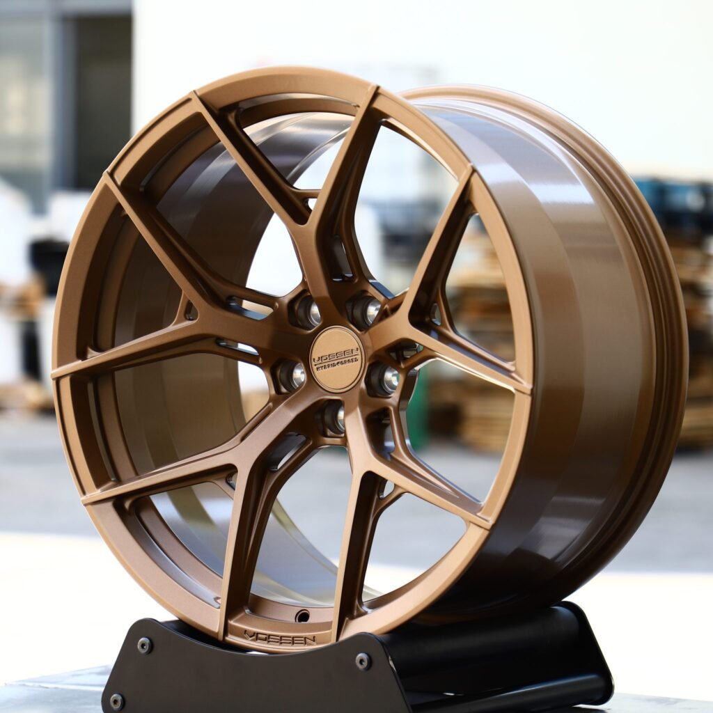 Tesla Model Y wheels – Bronze 5 Y-Spoke Concave (Vossen HF-5-Style), angled view