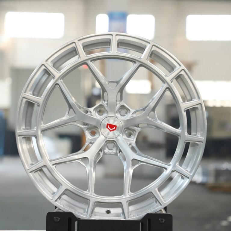 Tesla Model Y wheels – Brushed Silver 5-Spoke (Vossen LC3-01T-Style), front view