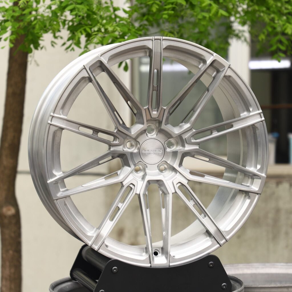 Tesla Model 3 wheels – Brushed Silver 5 W-Spoke Side-Milled (Vossen HF-7-Style), angled view
