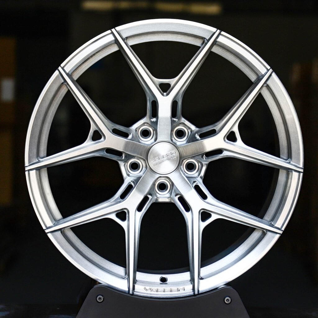 Tesla Model 3 wheels – Brushed Silver 5 Y-Spoke Side-Milled (Vossen HF-5-Style), front view