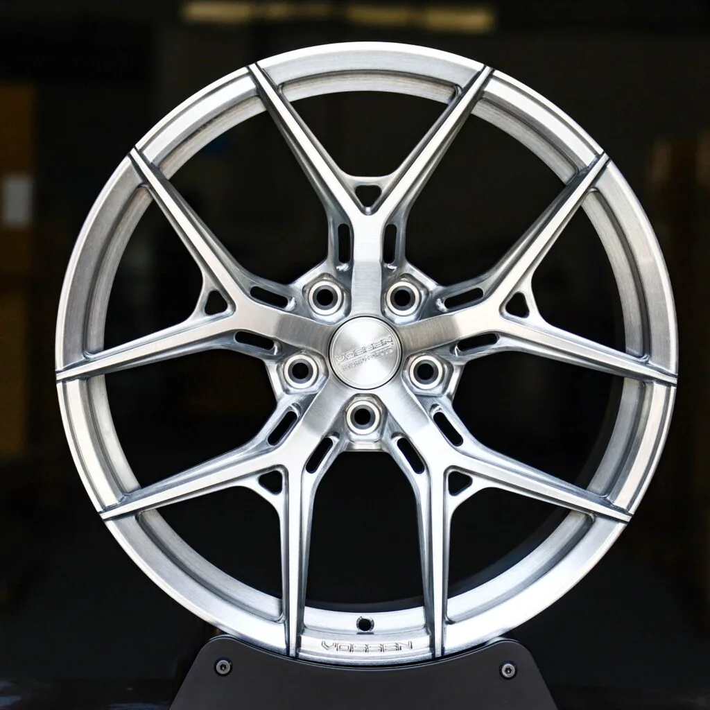 Tesla Model 3 wheels – Brushed Silver 5 Y-Spoke Side-Milled (Vossen HF-5-Style), front view