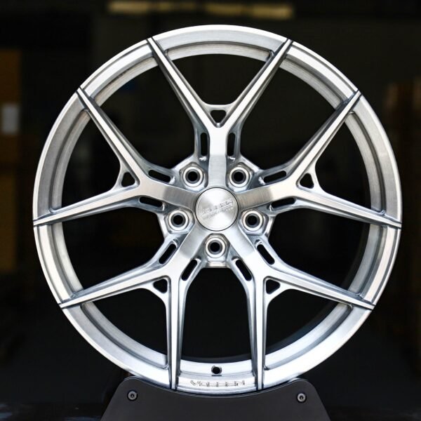 Tesla Model 3 wheels – Brushed Silver 5 Y-Spoke Side-Milled (Vossen HF-5-Style), front view