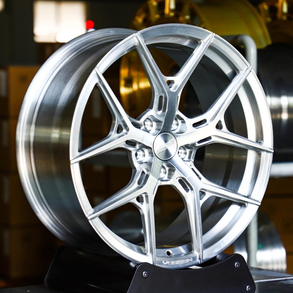 Tesla Model Y wheels – Brushed Silver 5 Y-Spoke Side-Milled (Vossen HF-5-Style), angled view