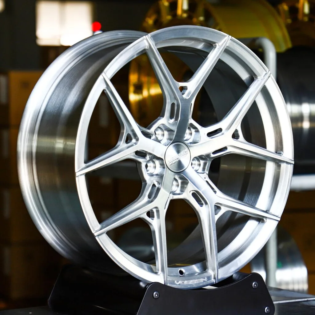 Tesla Model Y wheels – Brushed Silver 5 Y-Spoke Side-Milled (Vossen HF-5-Style), angled view