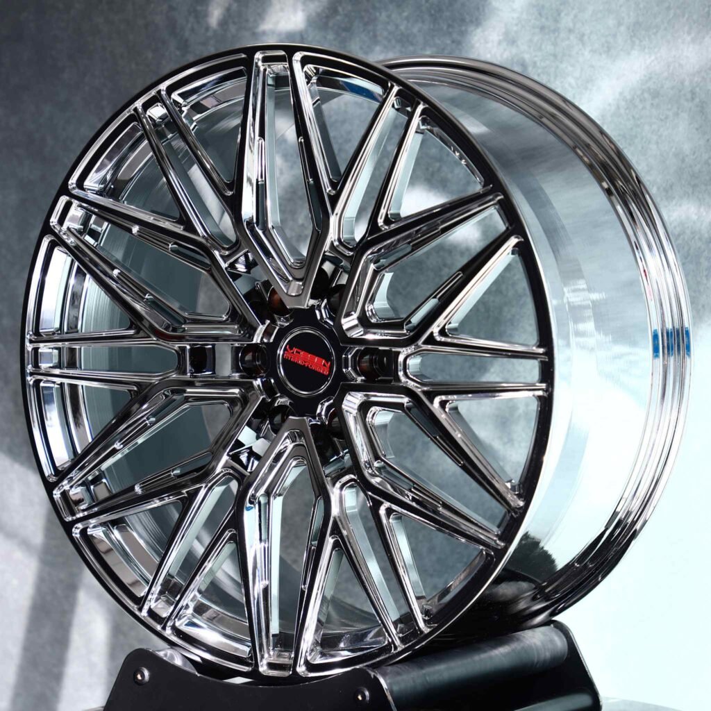 Tesla Model 3 wheels – Chrome 12 Y-Spoke (Vossen HF-7-Style), angled view