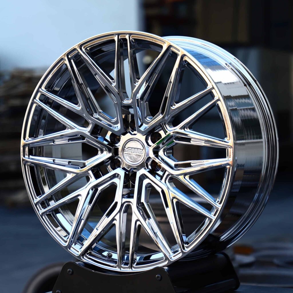 Tesla Model 3 wheels – Chrome Side-Milled Cut-Out (Vossen HF-7-Style), angled view