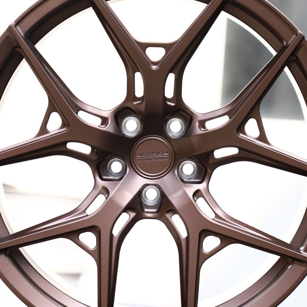 Tesla Model Y wheels – Copper 5 Y-Spoke Side-Milled (Vossen HF-5-Style), angled view