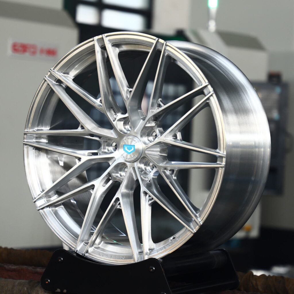 Tesla Model 3 wheels – 10 Y-Spoke Side-Milled Mirror Milled (Vossen HF-7-Style), angled view