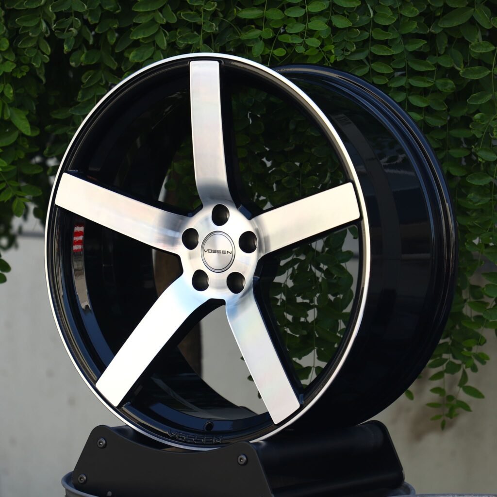 Ford Mustang wheels – Custom Finish 5-Spoke Machined Face (Vossen CV3-Style), angled view