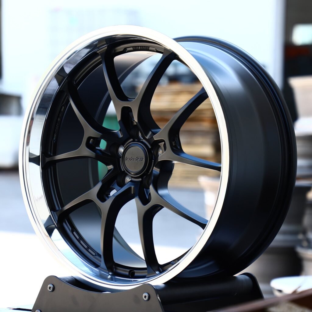 Tesla Model Y wheels – Gloss Black 5 Y-Spoke Deep Lip (Rays-Style), angled view