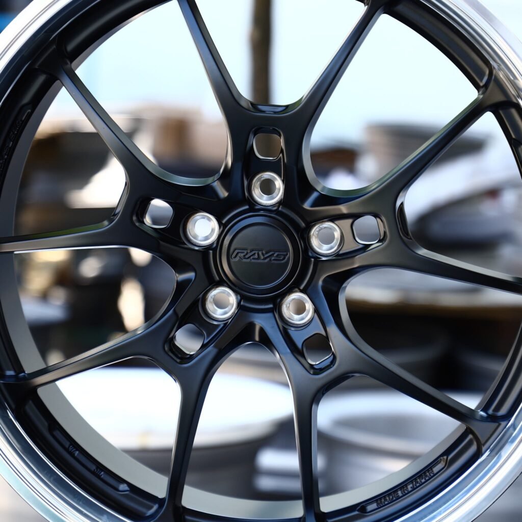 Subaru WRX wheels – Gloss Black 5 Y-Spoke Deep Lip (Rays-Style), lip and barrel detail