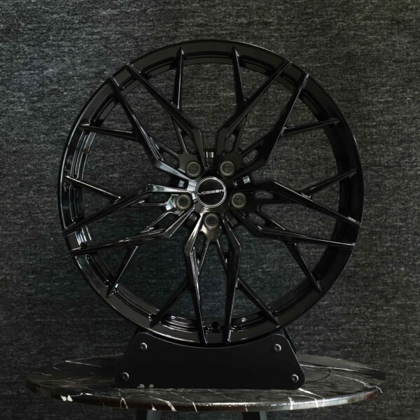 Tesla Model 3 wheels – Gloss Black Cross-Spoke Petal (Vossen HF-5-Style), front view