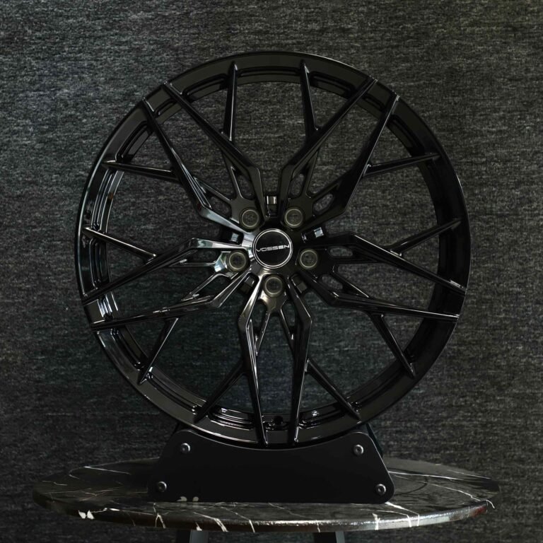 Tesla Model 3 wheels – Gloss Black Cross-Spoke Petal (Vossen HF-5-Style), front view