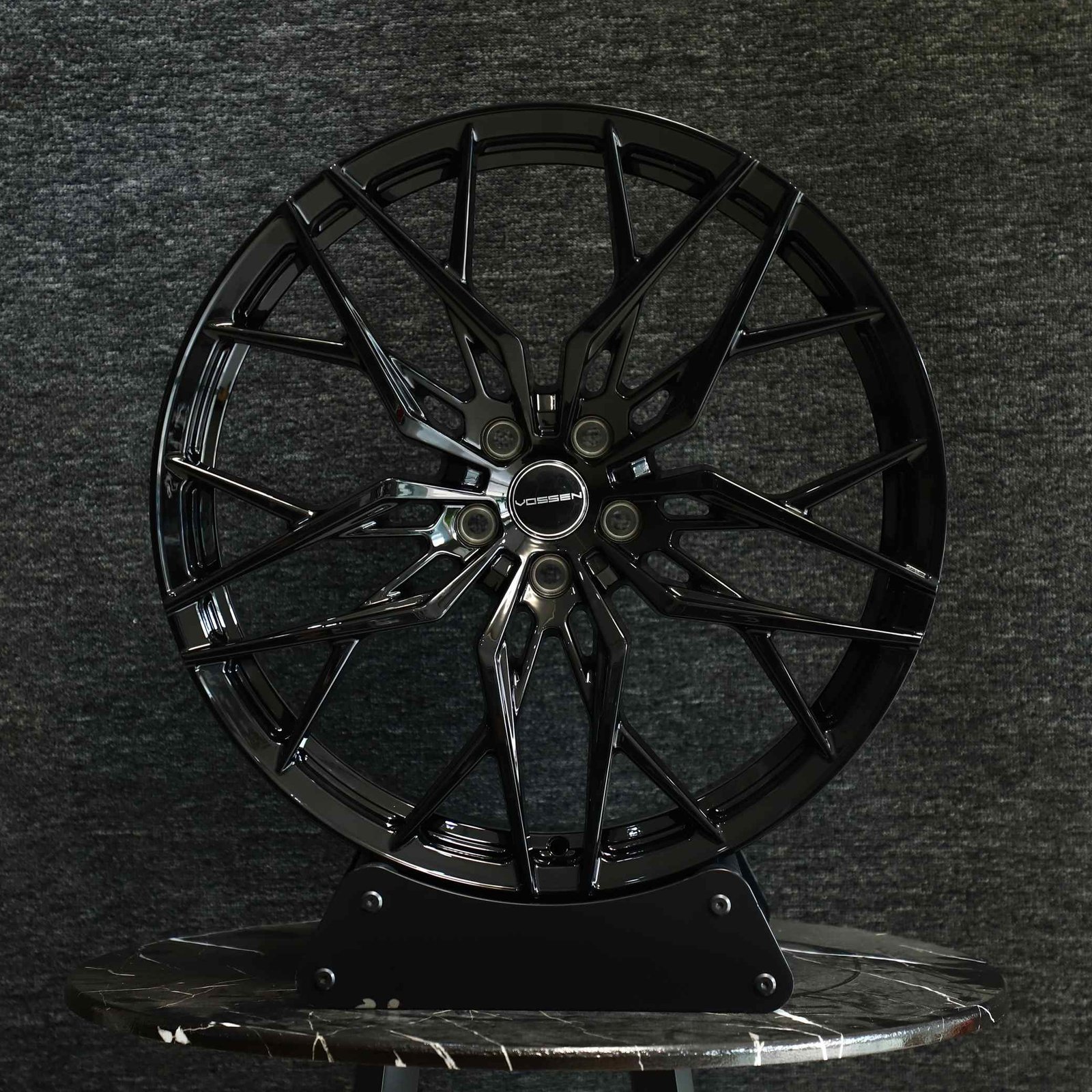 Tesla Model 3 wheels – Gloss Black Cross-Spoke Petal (Vossen HF-5-Style), front view