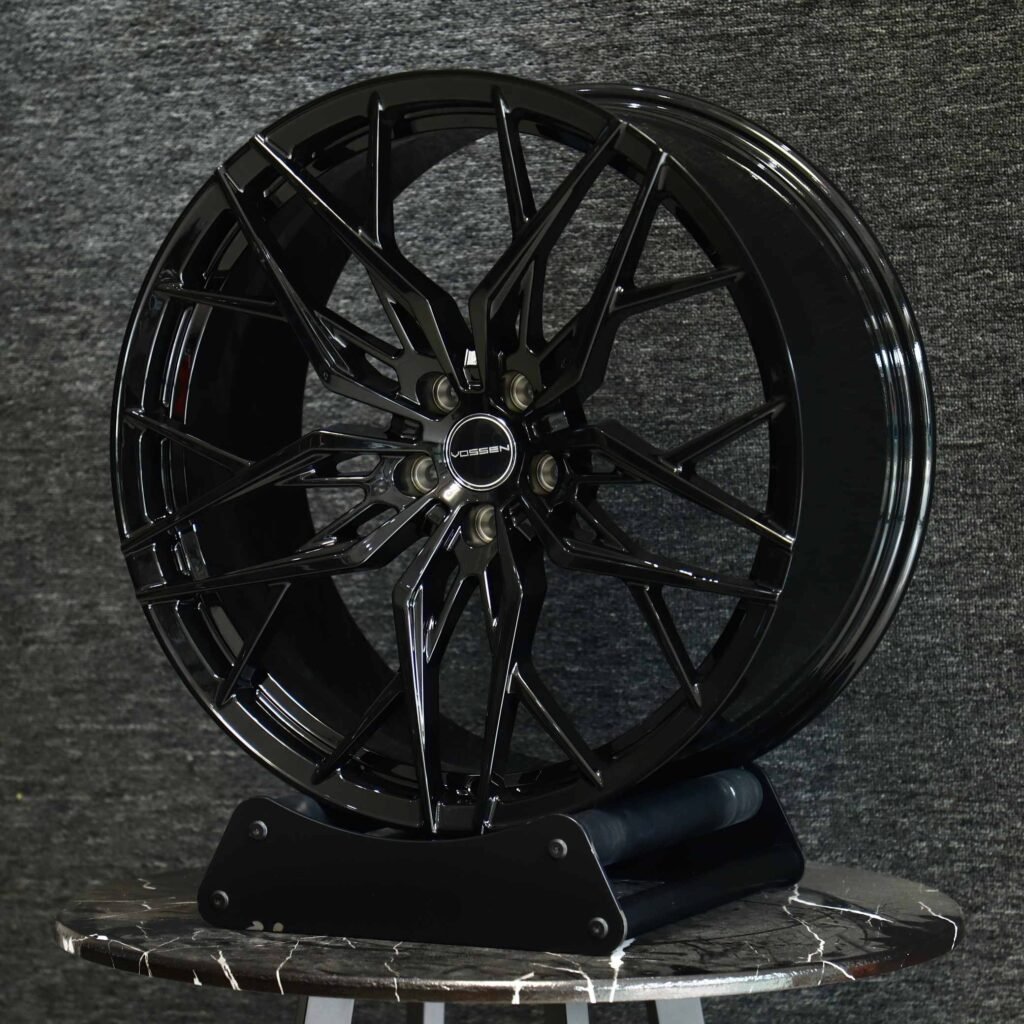 5x114.3 wheels – Gloss Black Cross-Spoke Petal (Vossen HF-5-Style), side view