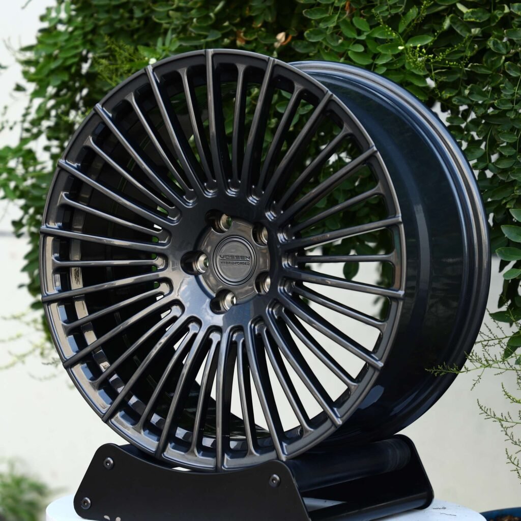 Ford Mustang wheels – Vossen Gloss Black / Gunmetal Multi-Spoke, angled view