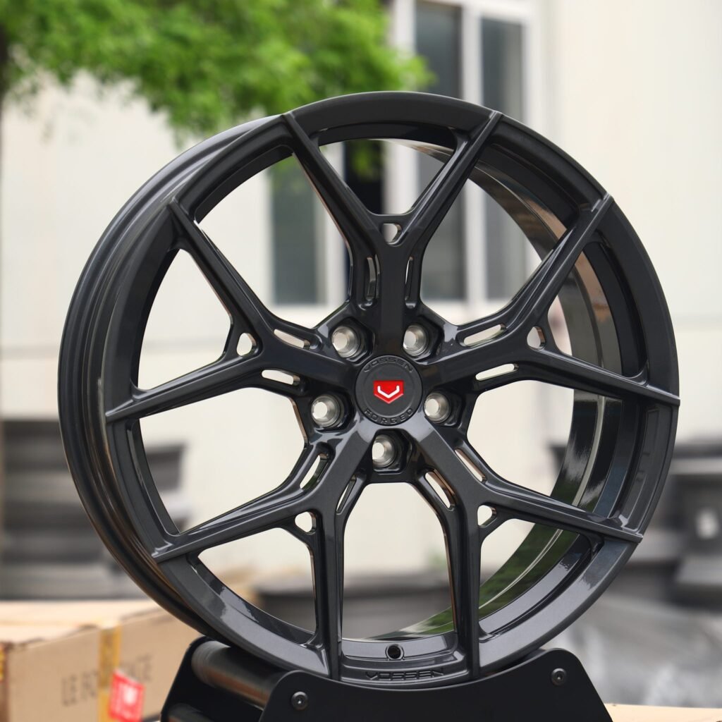 Tesla Model Y wheels – Gunmetal 5 Y-Spoke (Vossen HF-5-Style), angled view
