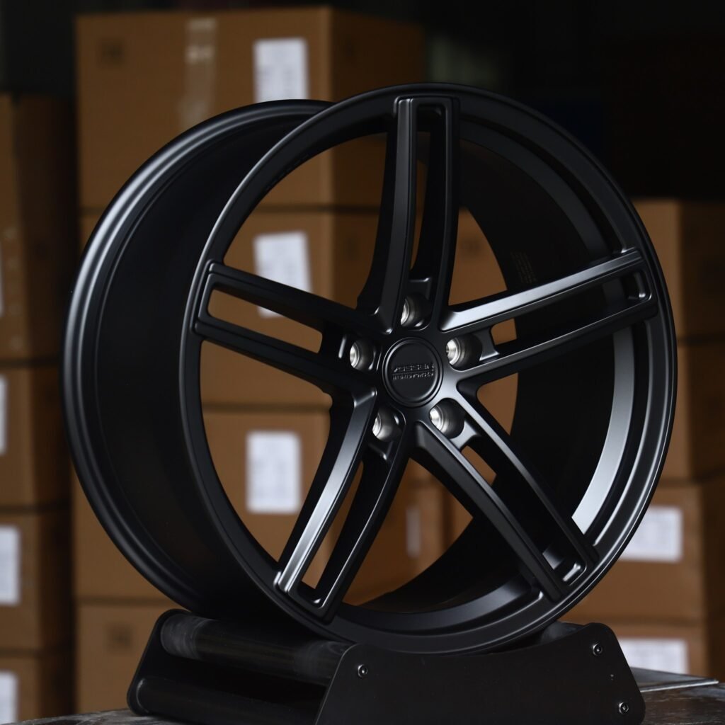 BMW M3 wheels – Satin Black Twin 5-Spoke (Vossen HF-1-Style), angled view