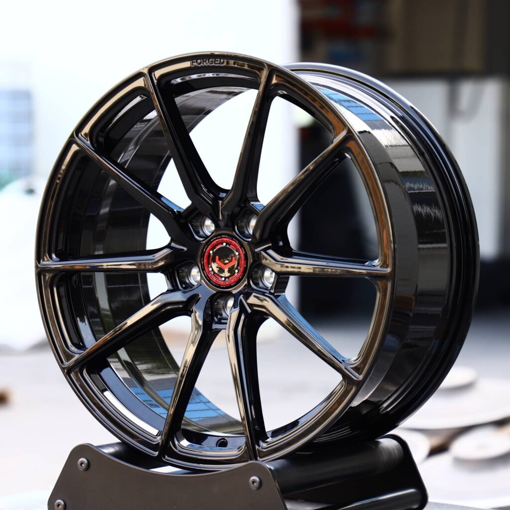Ford Mustang wheels – Vossen Matte Silver 10 Y-Spoke, angled view