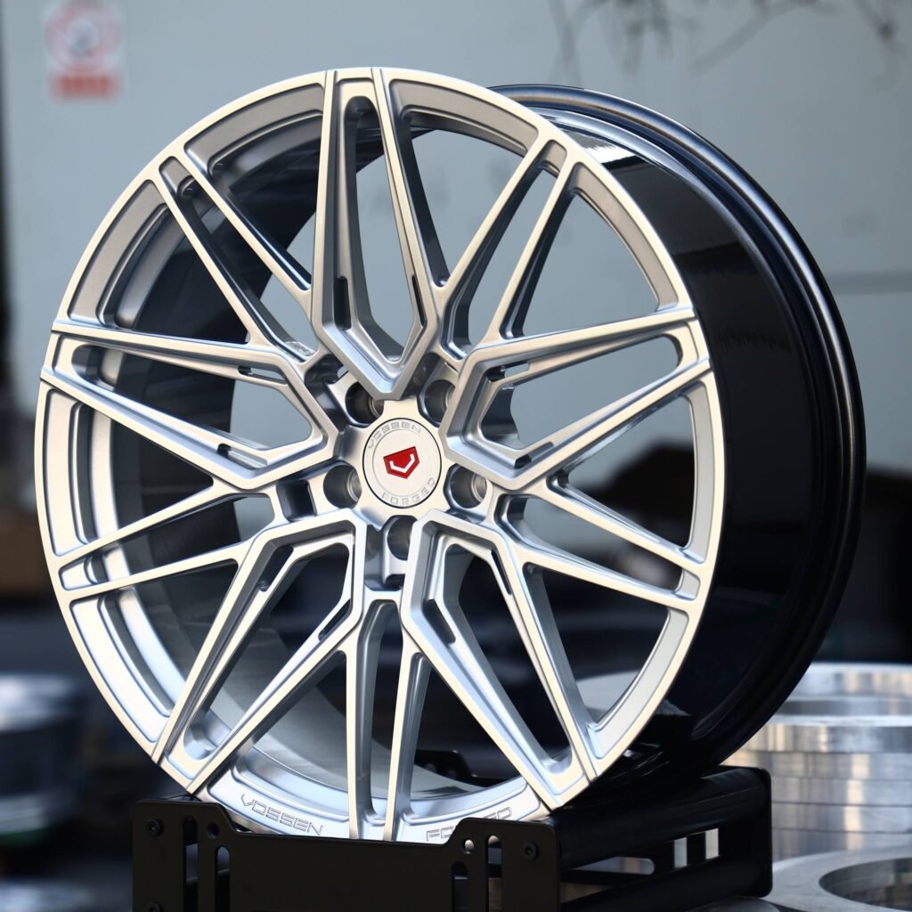 Tesla Model 3 wheels – Matte Silver 10 Y-Spoke (Vossen HF-7-Style), angled view