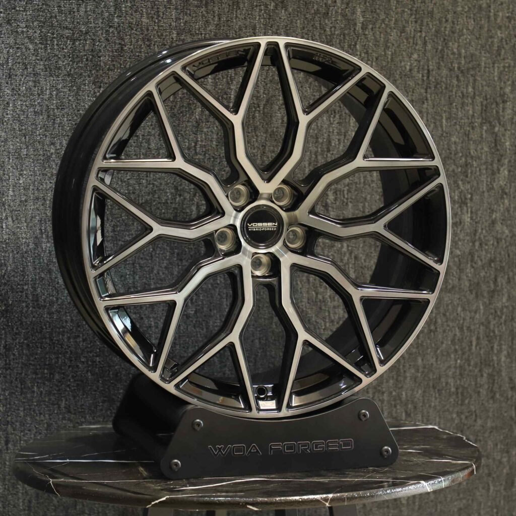 Audi A5 wheels – Matte Silver 10 Y-Spoke Machined Face (Vossen HF-2-Style), angled view