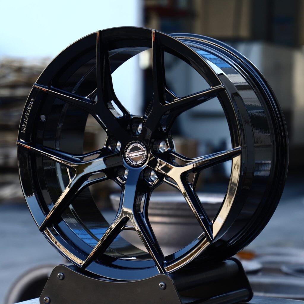 Tesla Model Y wheels – Matte Silver 5 Y-Spoke (Vossen HF-5-Style), angled view