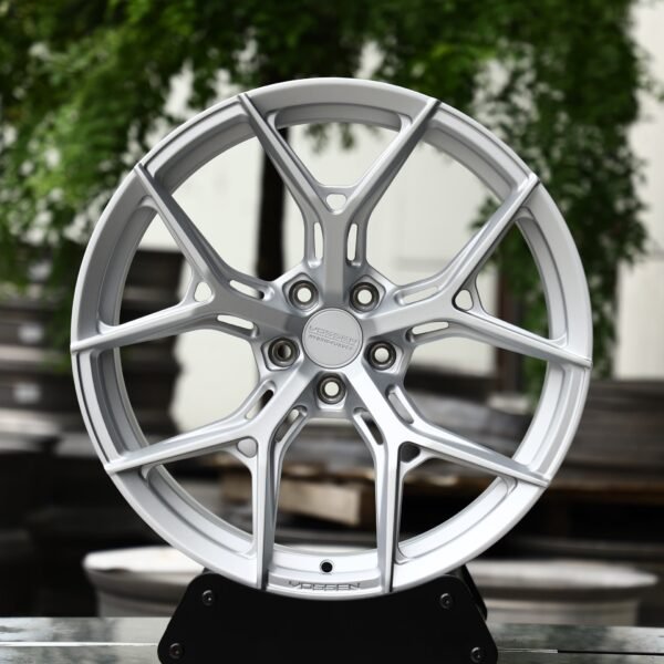 Tesla Model 3 wheels – Matte Silver 5 Y-Spoke Side-Milled (Vossen HF-5-Style), front view