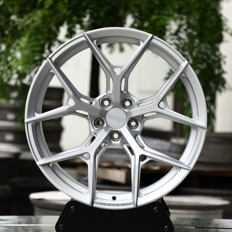 Tesla Model 3 wheels – Matte Silver 5 Y-Spoke Side-Milled (Vossen HF-5-Style), front view