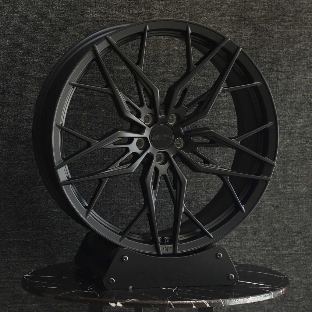 Audi A5 wheels – Matte Silver Cross-Spoke (Vossen HF-2-Style), angled view
