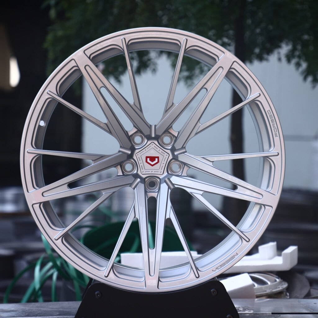Tesla Model Y wheels – Matte Silver Custom (Vossen HF-7-Style), front view