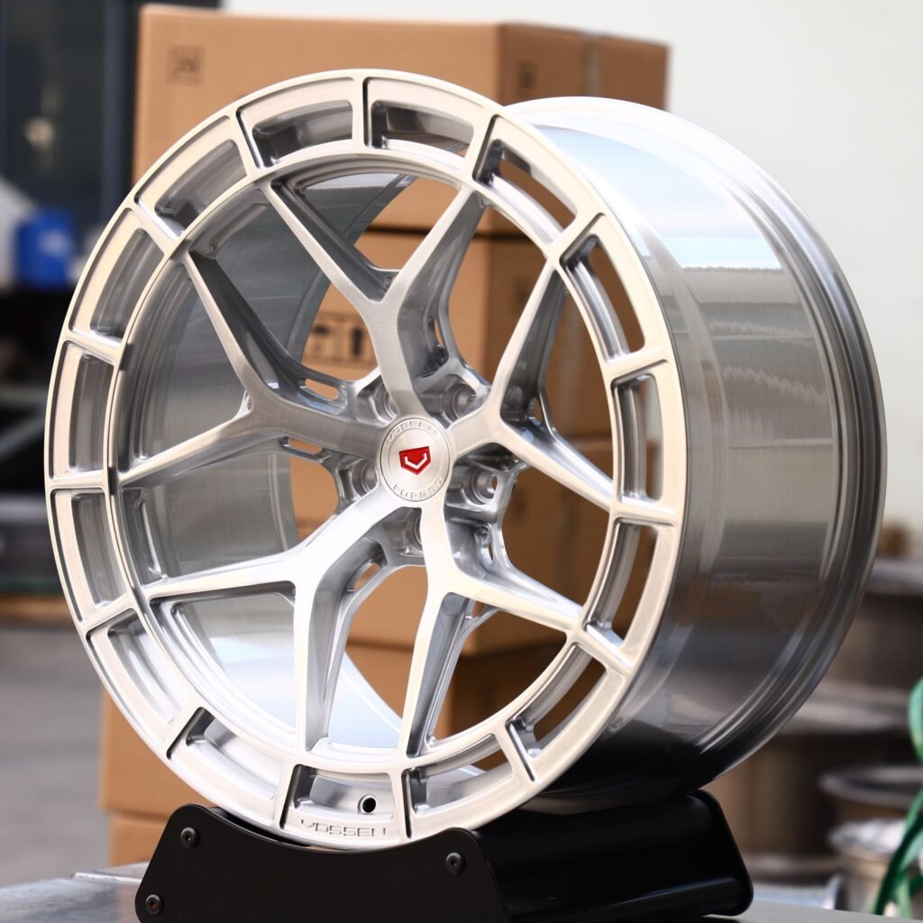 Ford Mustang wheels – Matte Silver Double-Ring Concave (Vossen LC3-01T-Style), angled view