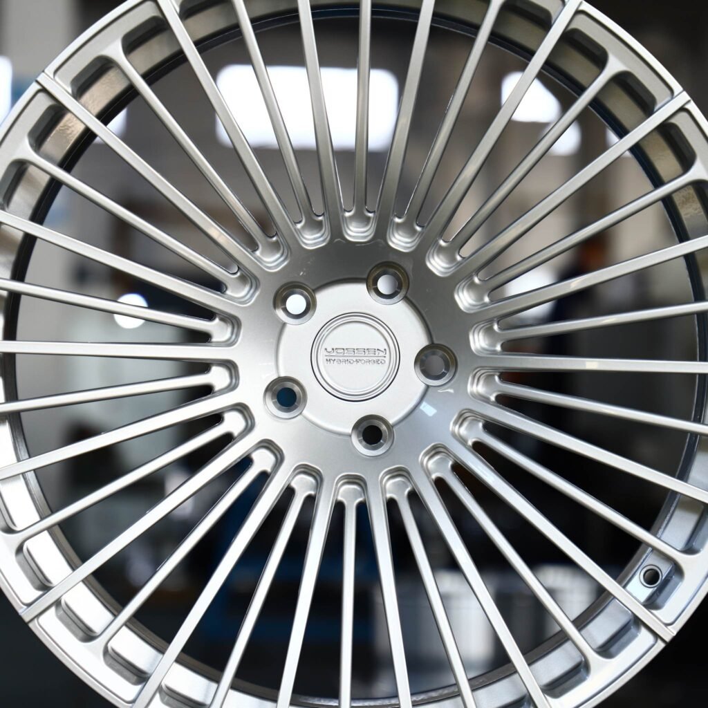 Tesla Model 3 wheels – Vossen Matte Silver Multi-Spoke, lip and barrel detail