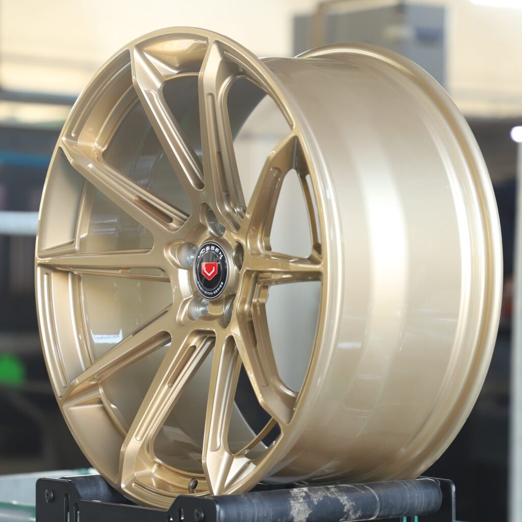Tesla Model 3 wheels – Vossen Side-Milled Gold 5 V-Spoke, lip and barrel detail