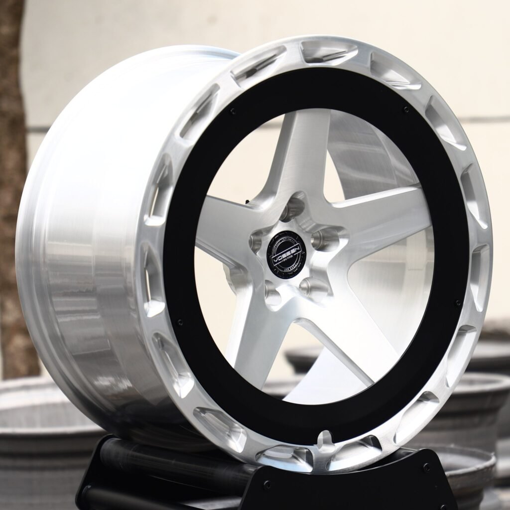 BMW M3 wheels – Brushed Silver 5-Spoke Black Ring Lip (Vossen-Style), angled view