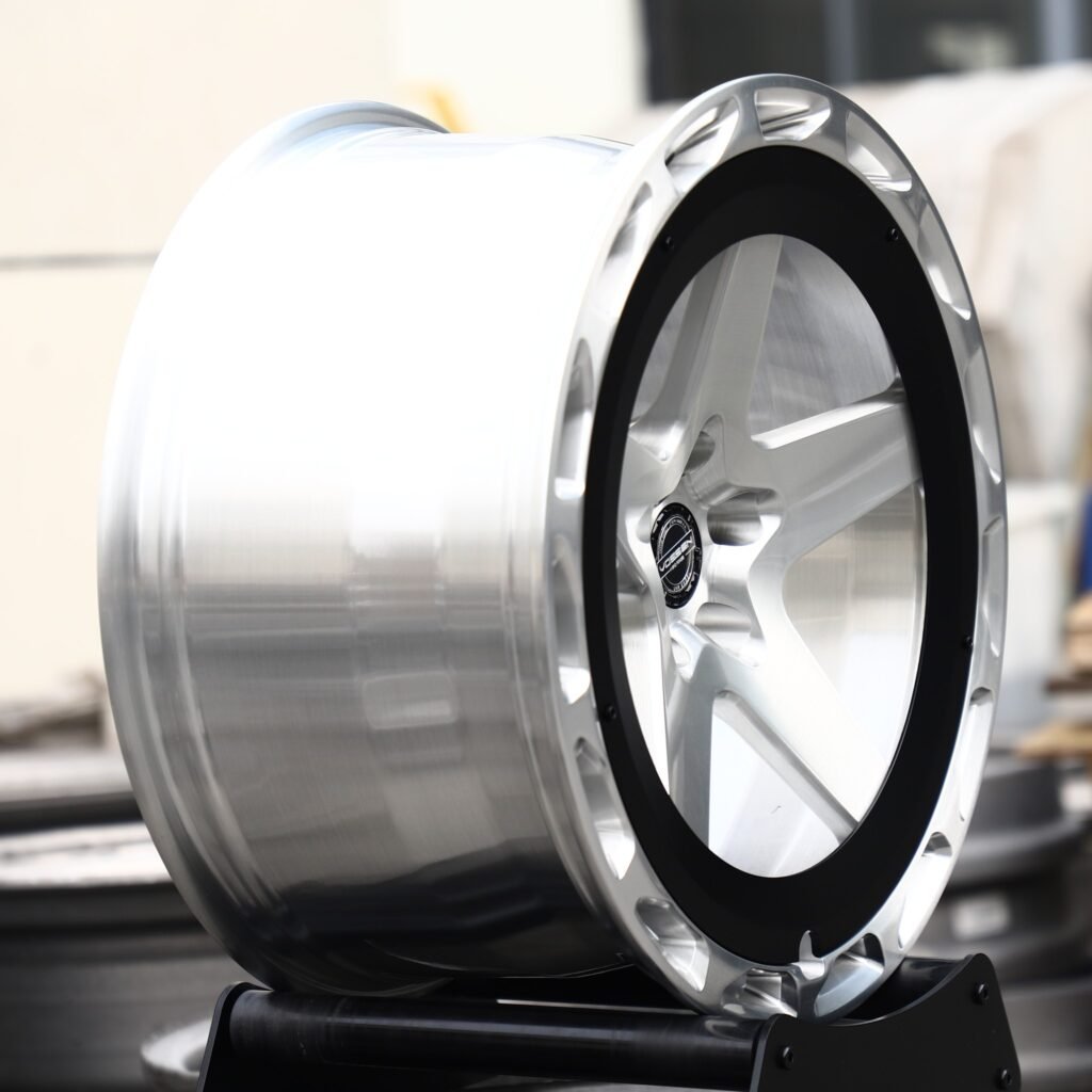5x130 wheels – Brushed Silver 5-Spoke Black Ring Lip (Vossen-Style), side view