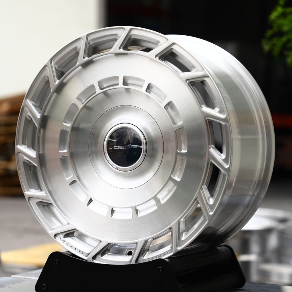 BMW M3 wheels – Brushed Silver Slotted Full-Face (Vossen-Style), angled view