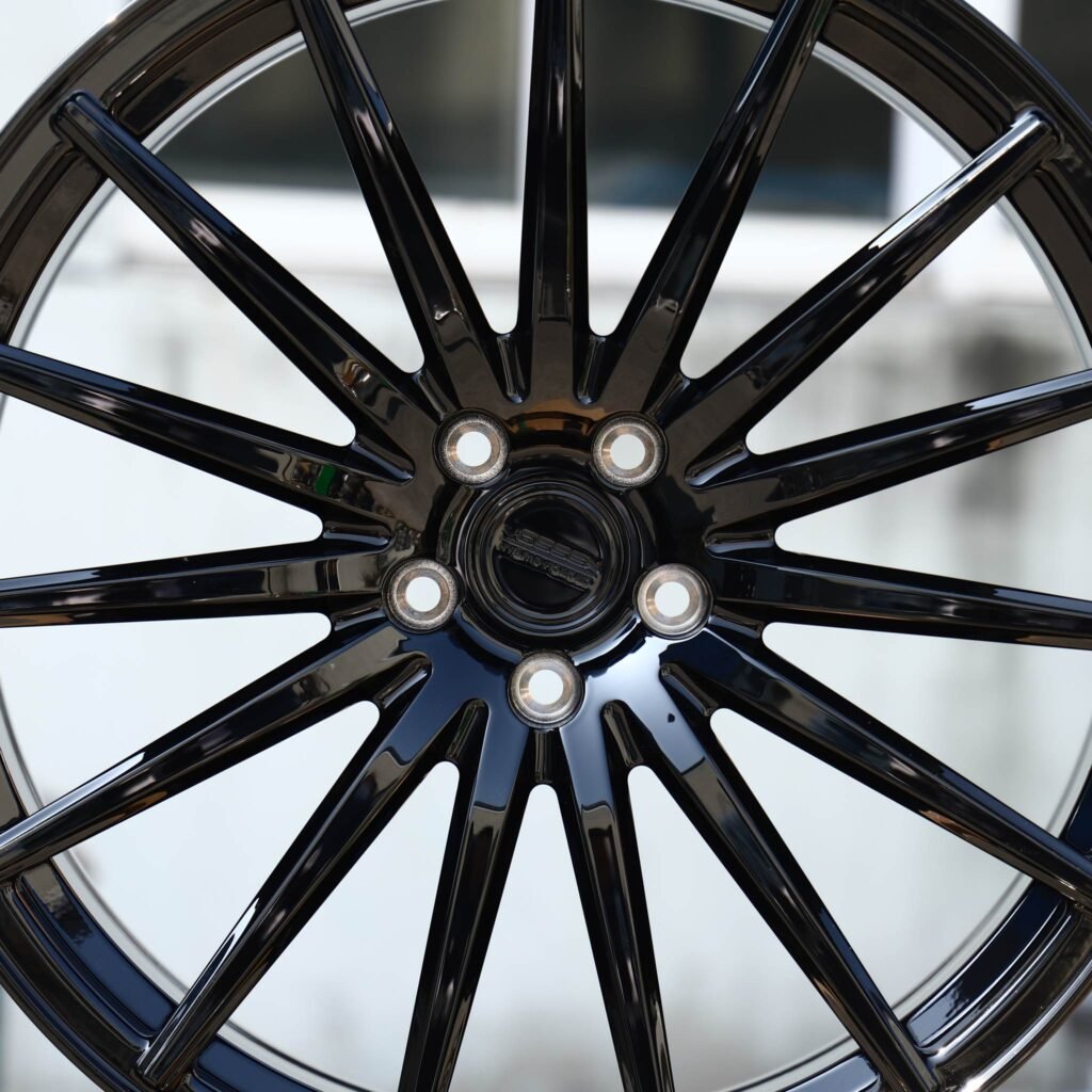 BMW M3 wheels – Gloss Black 15-Spoke (Vossen-Style), angled view