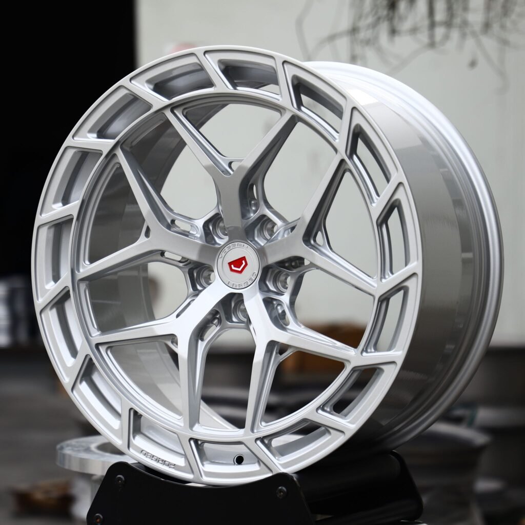 BMW M3 wheels – Matte Silver Directional Mesh (Vossen-Style), angled view