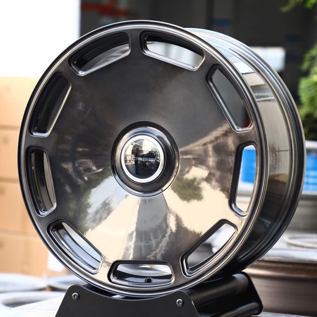 Ford Mustang wheels – Vossen Transparent Black / Gray Brushed Full-Face, angled view