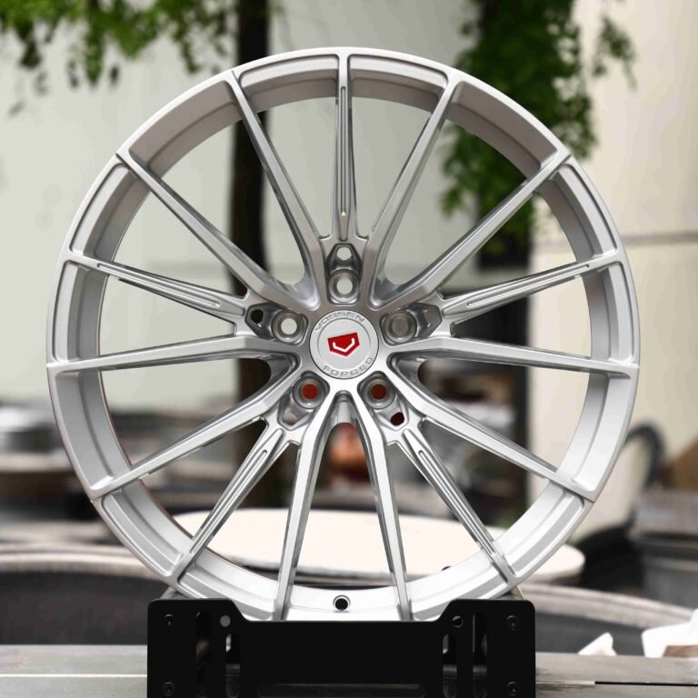 Tesla Model Y wheels – Matte Silver 5 W-Spoke (Vossen VFS-2-Style), front view