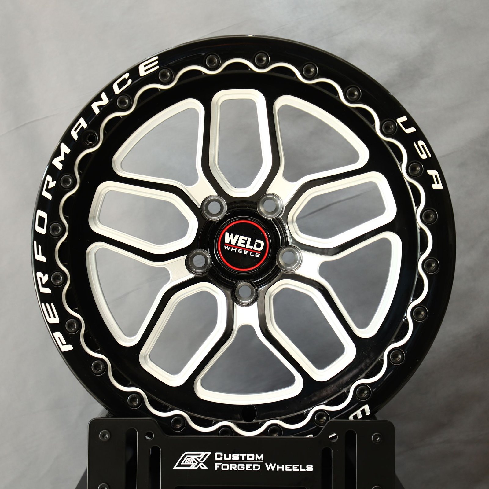 Ford Mustang wheels – Weld Racing 10 V-Spoke Petal Mirror Milled Beadlock, front view