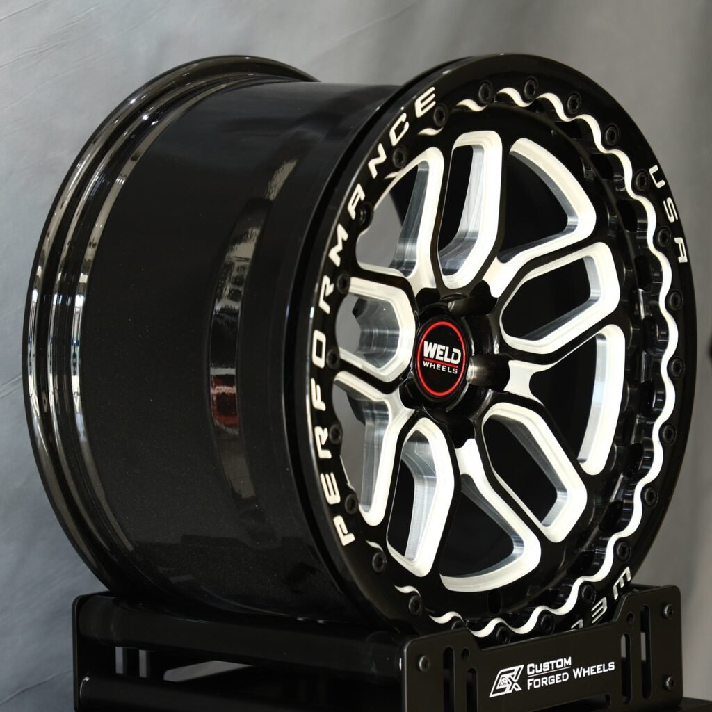 Chevrolet Corvette wheels – Weld Racing 10 V-Spoke Petal Mirror Milled Beadlock, angled view