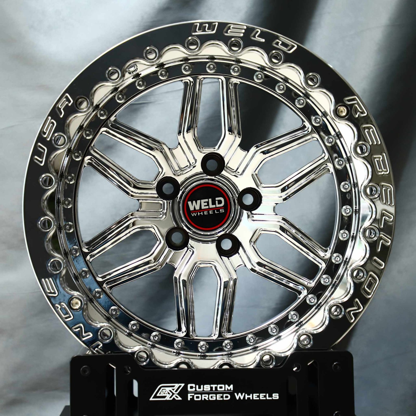 Ford Mustang wheels – Weld Racing 5-Spoke Chrome Milled Beadlock, front view