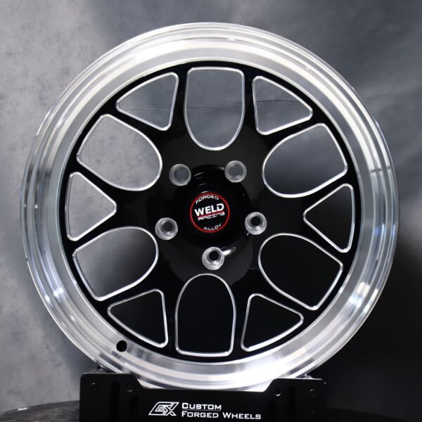 Ford Mustang wheels – Gloss Black Milled 5-Slot Polished-Lip Beadlock (Weld Racing-Style), front view